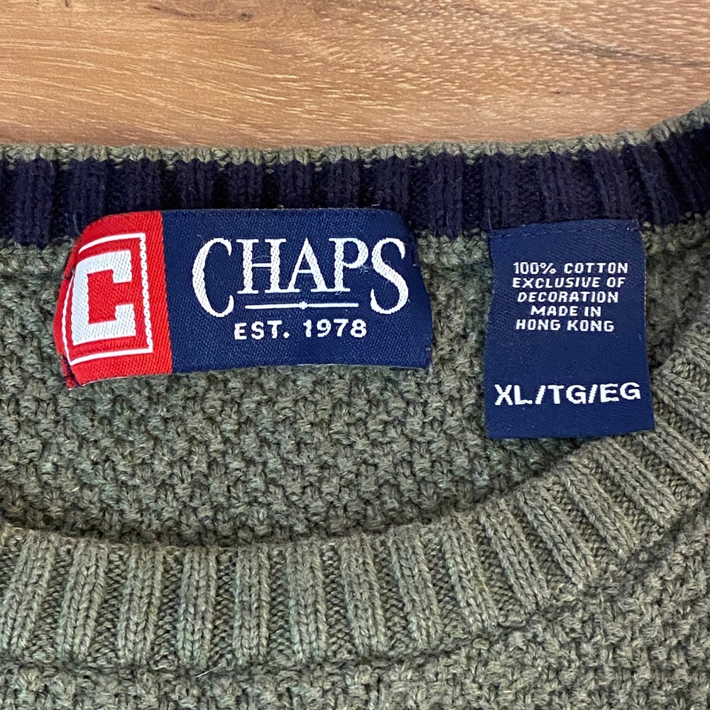 Chaps Olive Green Cotton Waffle Knit Crew Neck Sweater Mens XL Vintage - Picture 3 of 9